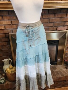 Boho Tiered Maxi Skirt - Light Blue & Cream Lagenlook Fae Fairy Flowy Size XL